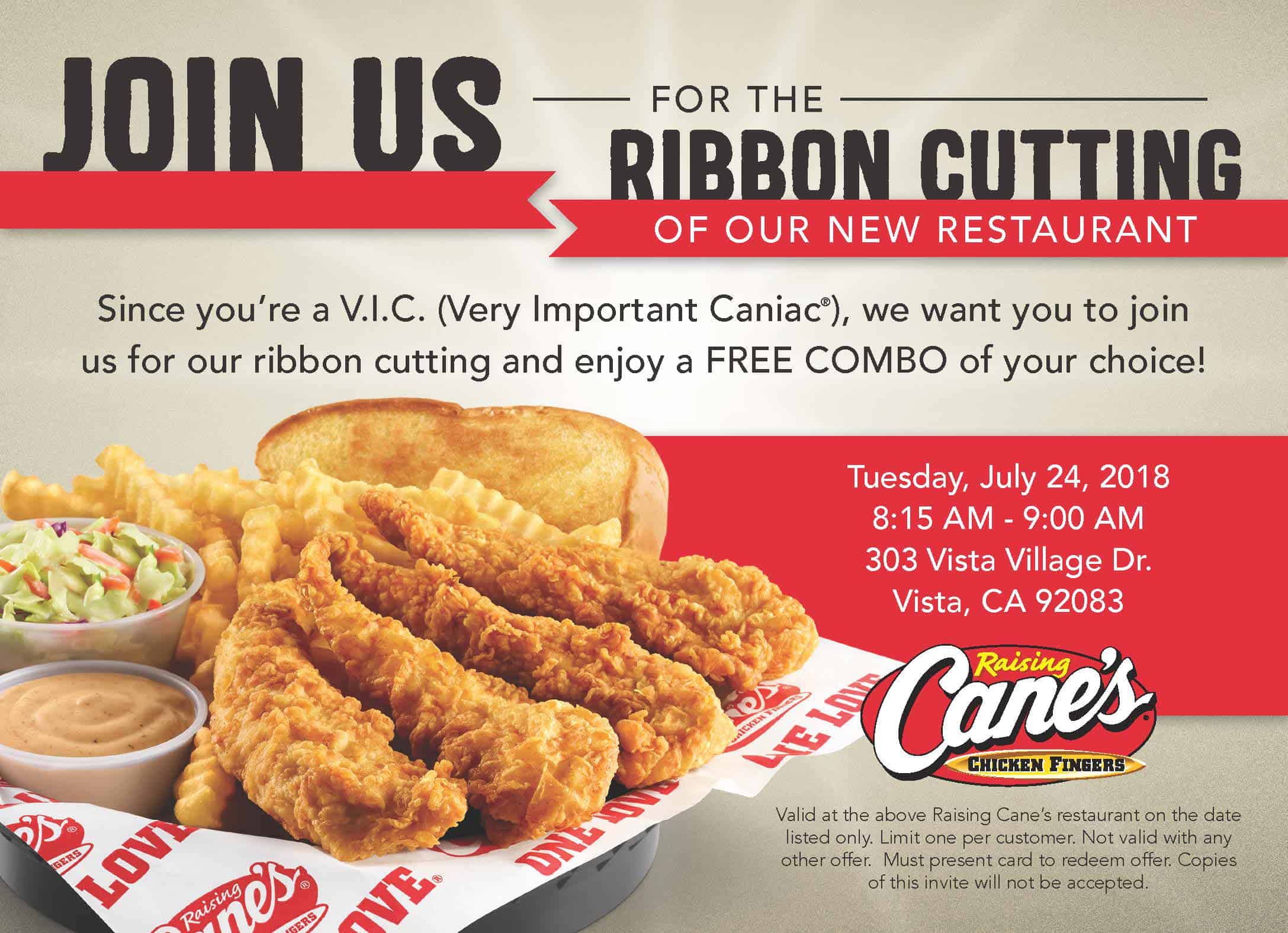 Raising Cane’s Chicken Fingers Grand Opening July 24th North County
