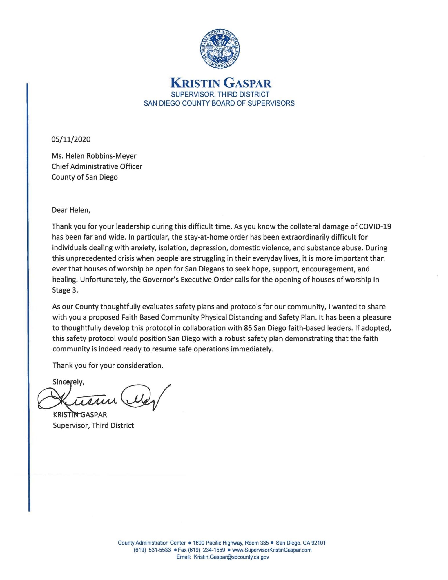 Supervisor Gaspar writes letter requesting the County reconsider  regulations on golfing and water activities 